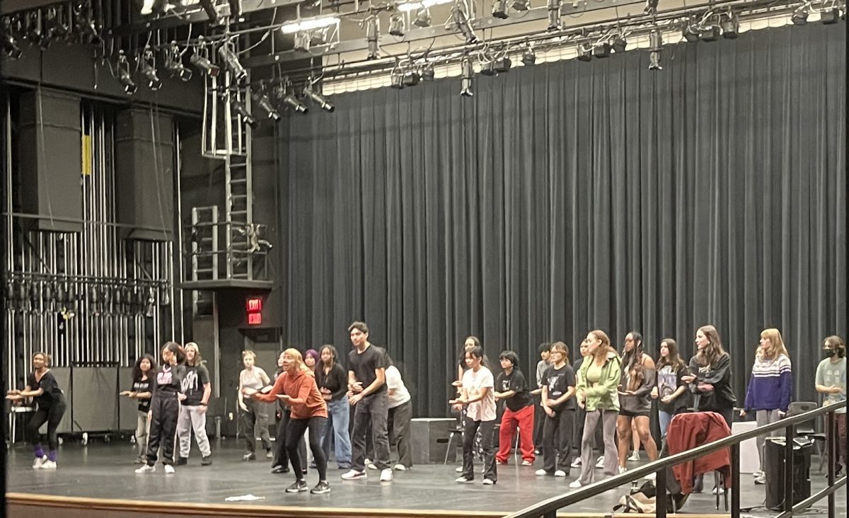 Last years Mamma Mia Cast practicing their dance numbers on stage at the AEC.