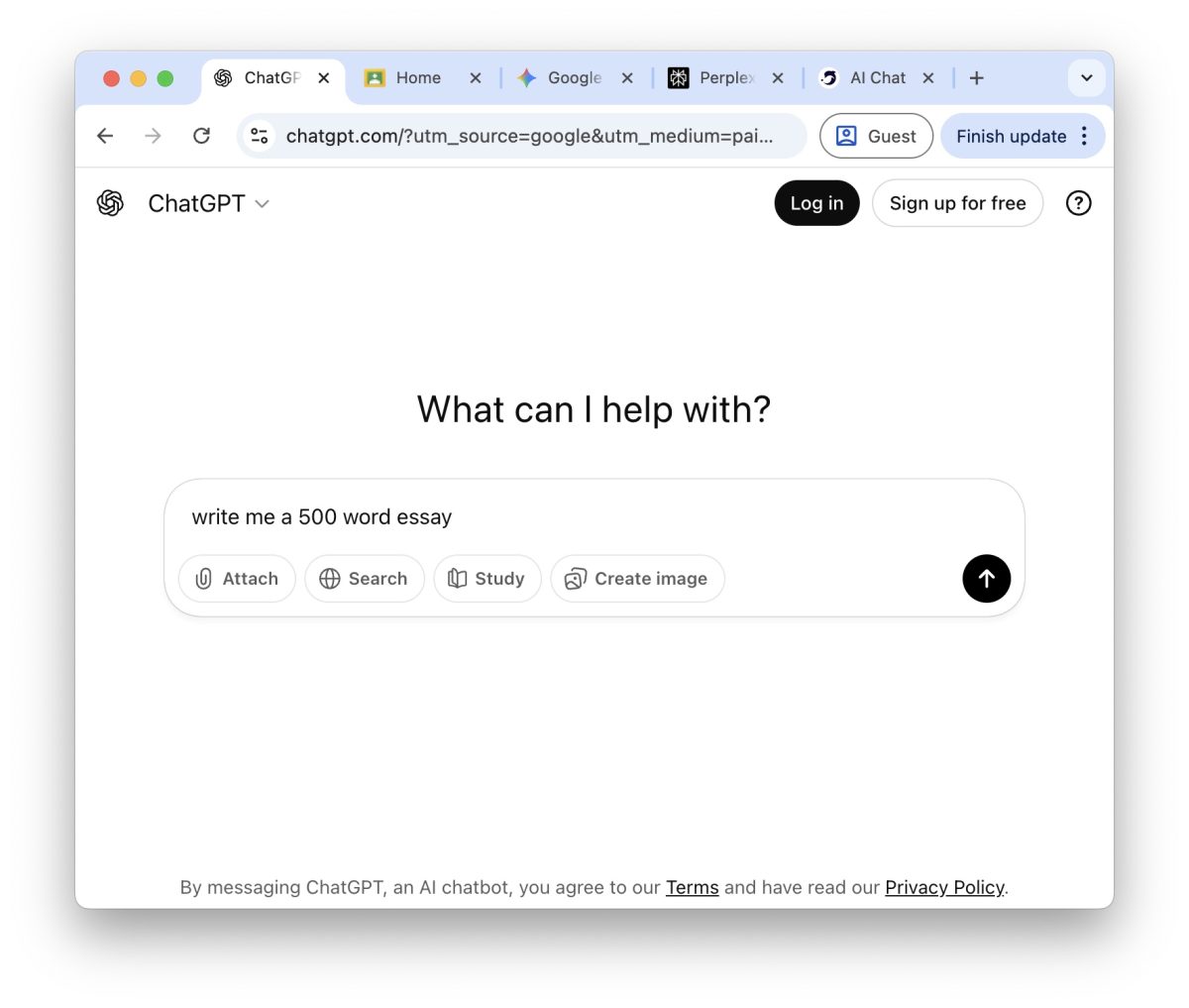 Typical web browser of a student using AI to complete their school work.